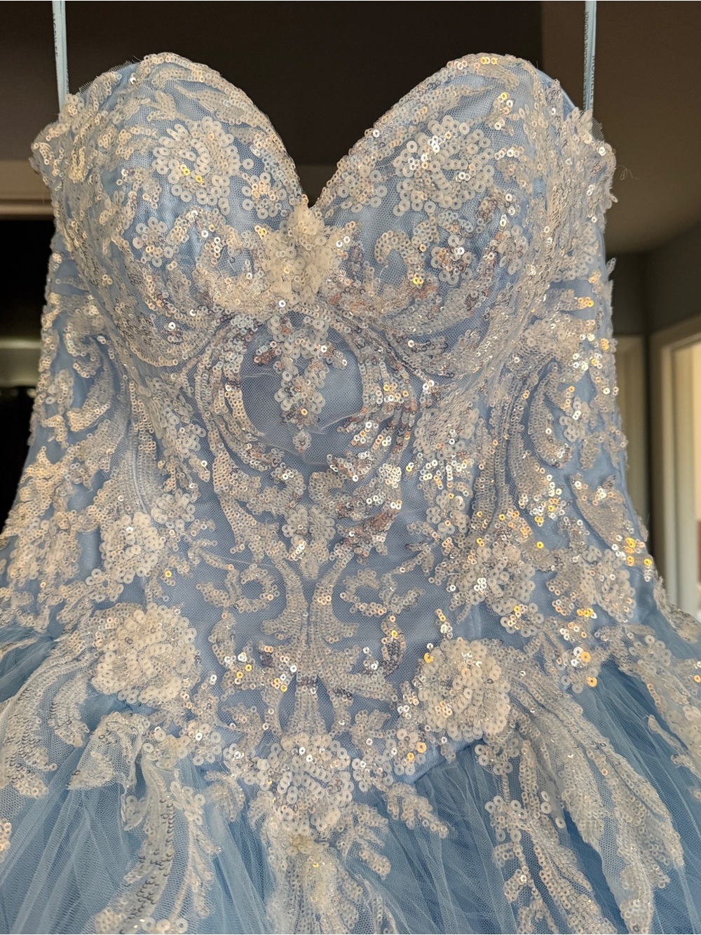 Sz 8 Morilee Madeline Gardner Sparkle Lace Ball Gown Formal Dress - Light Blue - Picture 2 of 11